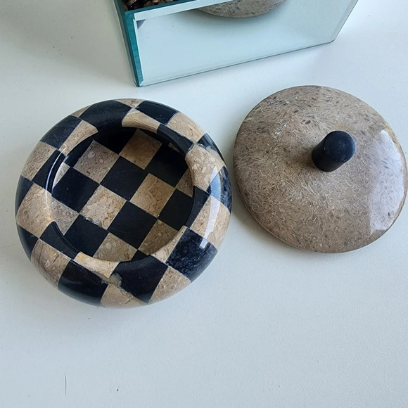 Unique Black & Brown Stone Checker Bowl Lid In Marble & Onyx 4.5” - Picture 2 of 10